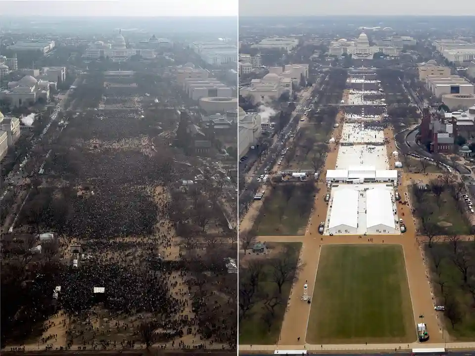 An aerial split image shows the National Mall in Washington D.C. left side is densely packed with a massive crowd of people…