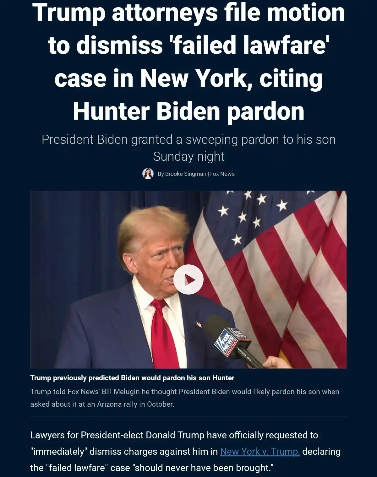 A screenshot of a Fox News article headline about Trump attorneys seeking to dismiss a New York case, citing the Hunter…
