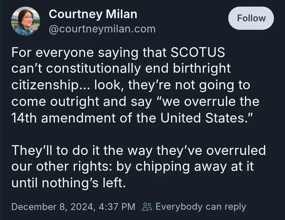 A screenshot of a tweet by Courtney Milan (@courtneymilan.com) dated December 8, 2024, discussing how SCOTUS might overrule…