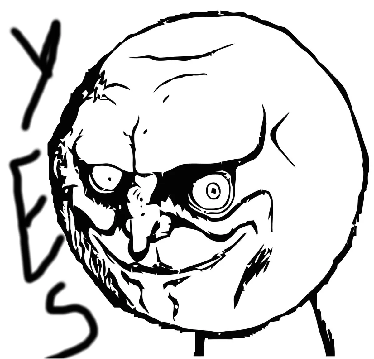 A black and white line drawing of a round, bald, cartoonish face with a wide, toothy grin, bulging eyes, and a sinister…