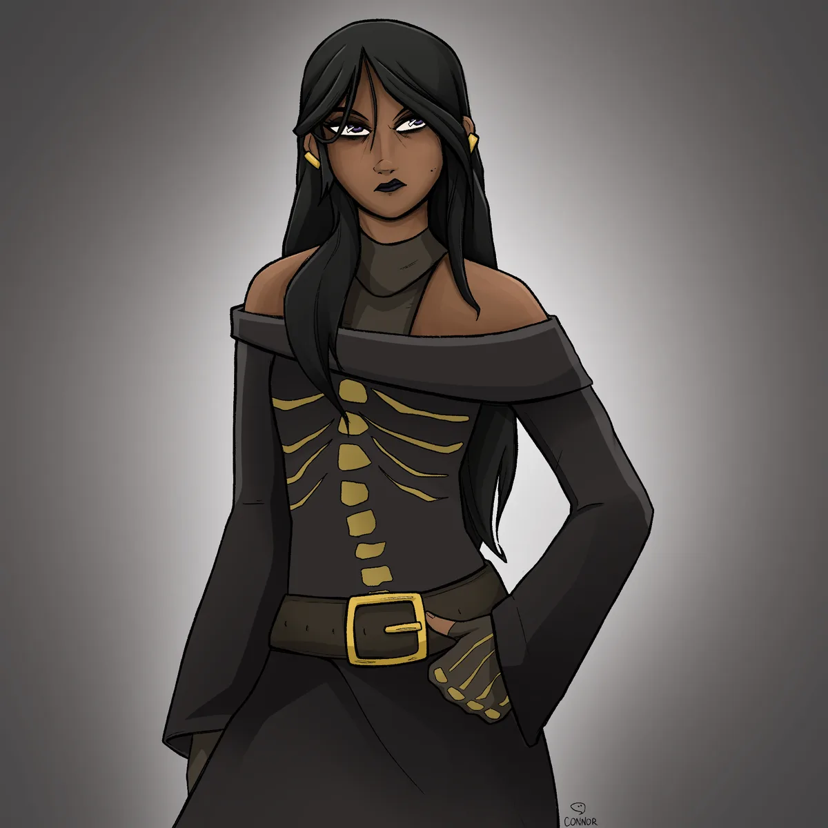 A digital illustration of a dark-skinned woman with long black hair and purple eyes, wearing a black off-the-shoulder outfit…