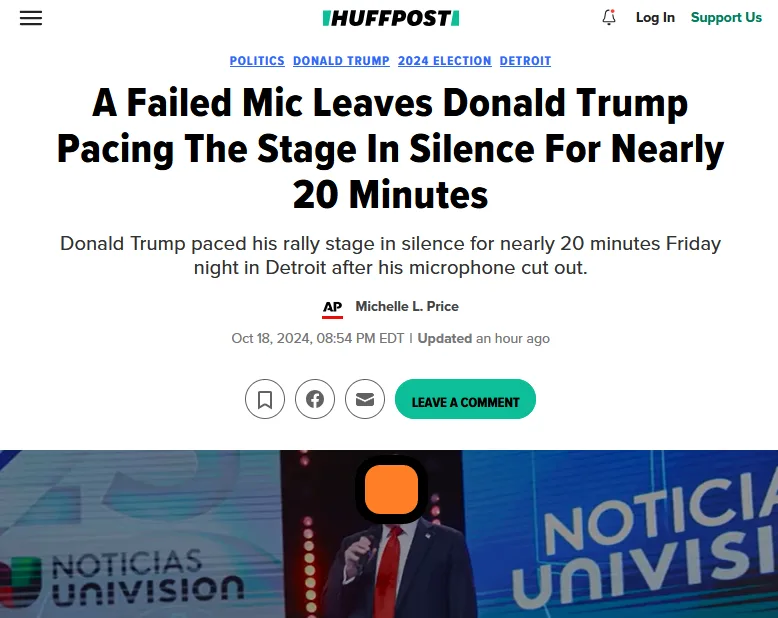 A screenshot of a HuffPost news article headline about Donald Trump pacing silently after a mic failure, with the lower half…