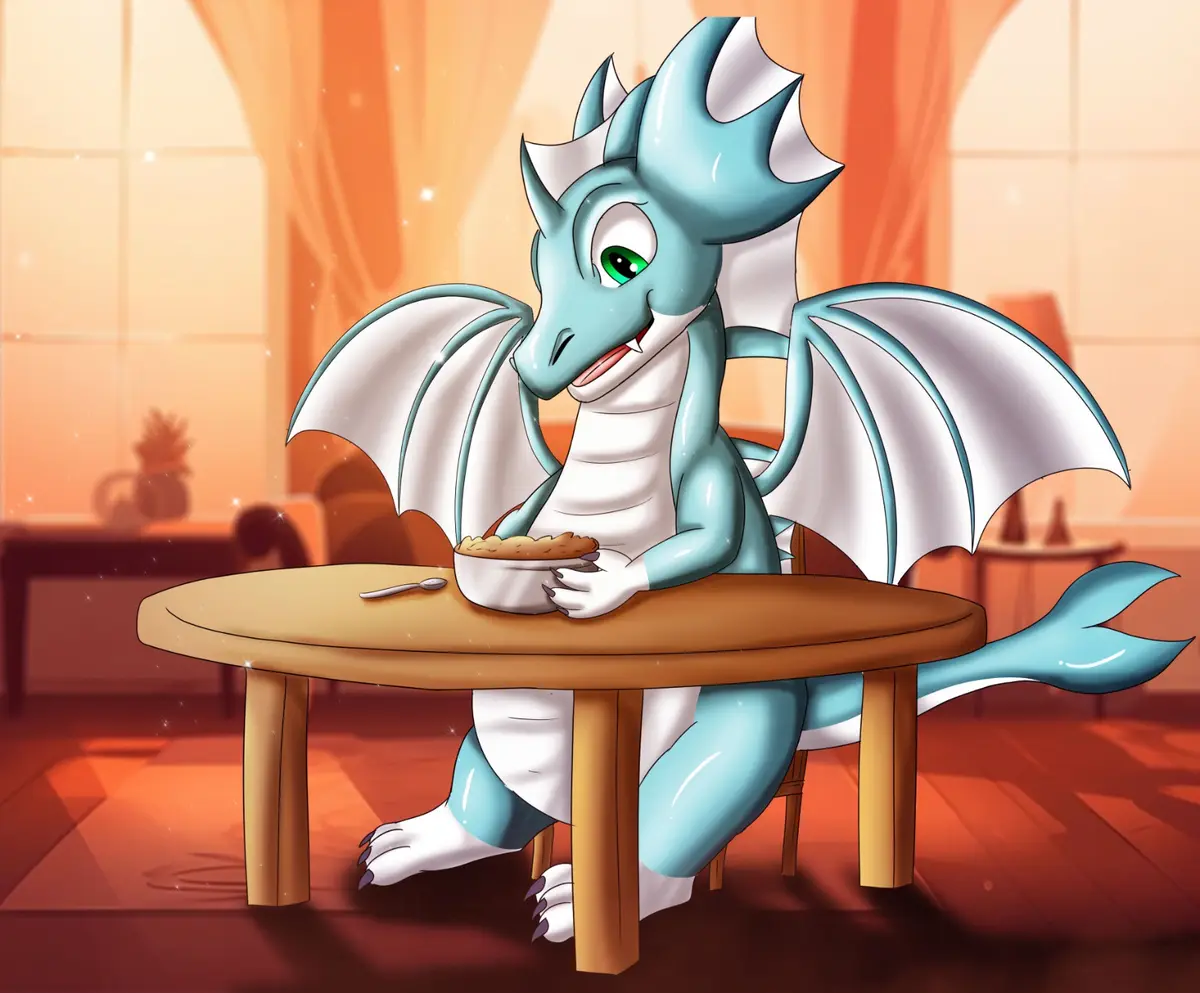 A cartoon blue and white dragon with green eyes sits at a wooden table, holding a bowl of pie with a spoon beside it. The…