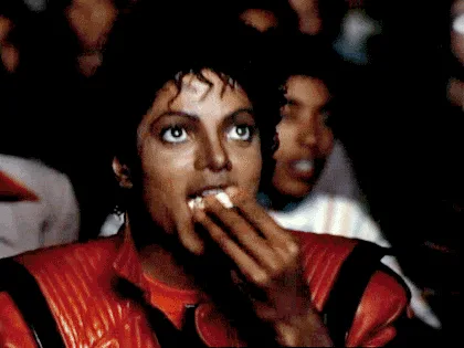 The image shows six panels of Michael Jackson in a red leather jacket, first eating popcorn with a focused expression, then…