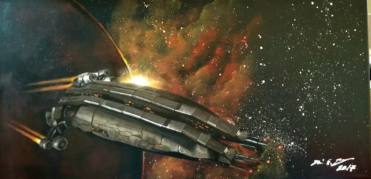 A painting depicts a large, detailed spaceship with glowing engines flying through a colorful nebula filled with stars. The…
