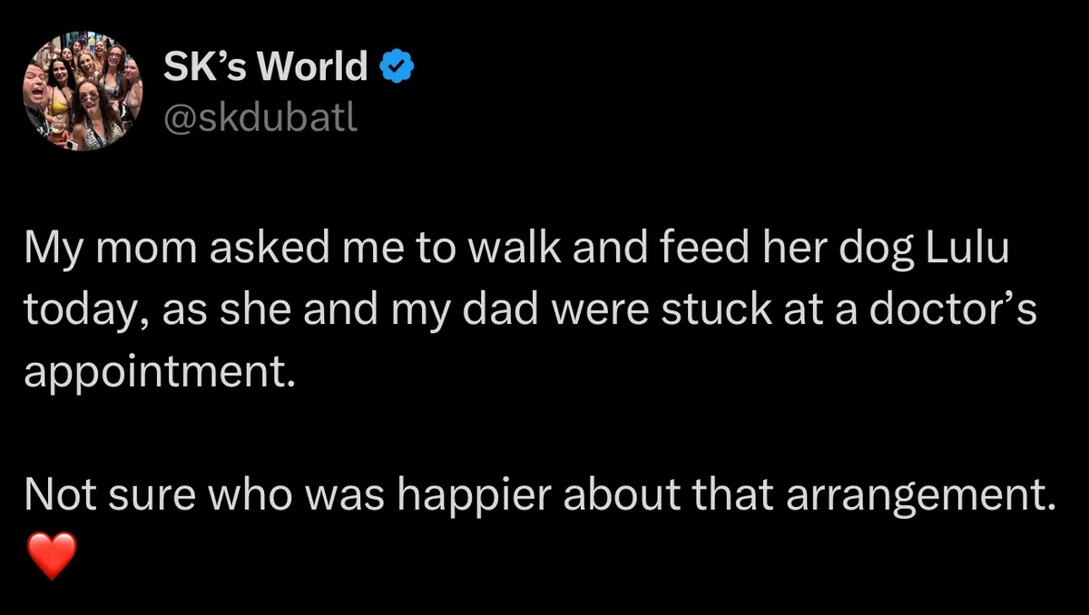 A screenshot of a tweet from 'SK's World' (@skdubatl) with a black background and white text. The tweet reads: 'My mom asked…