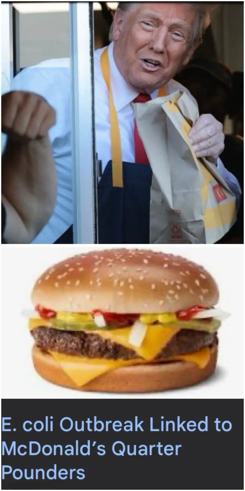 The image is split: top panel shows Donald Trump in a McDonald's uniform holding a bag, bottom panel shows a Quarter Pounder…