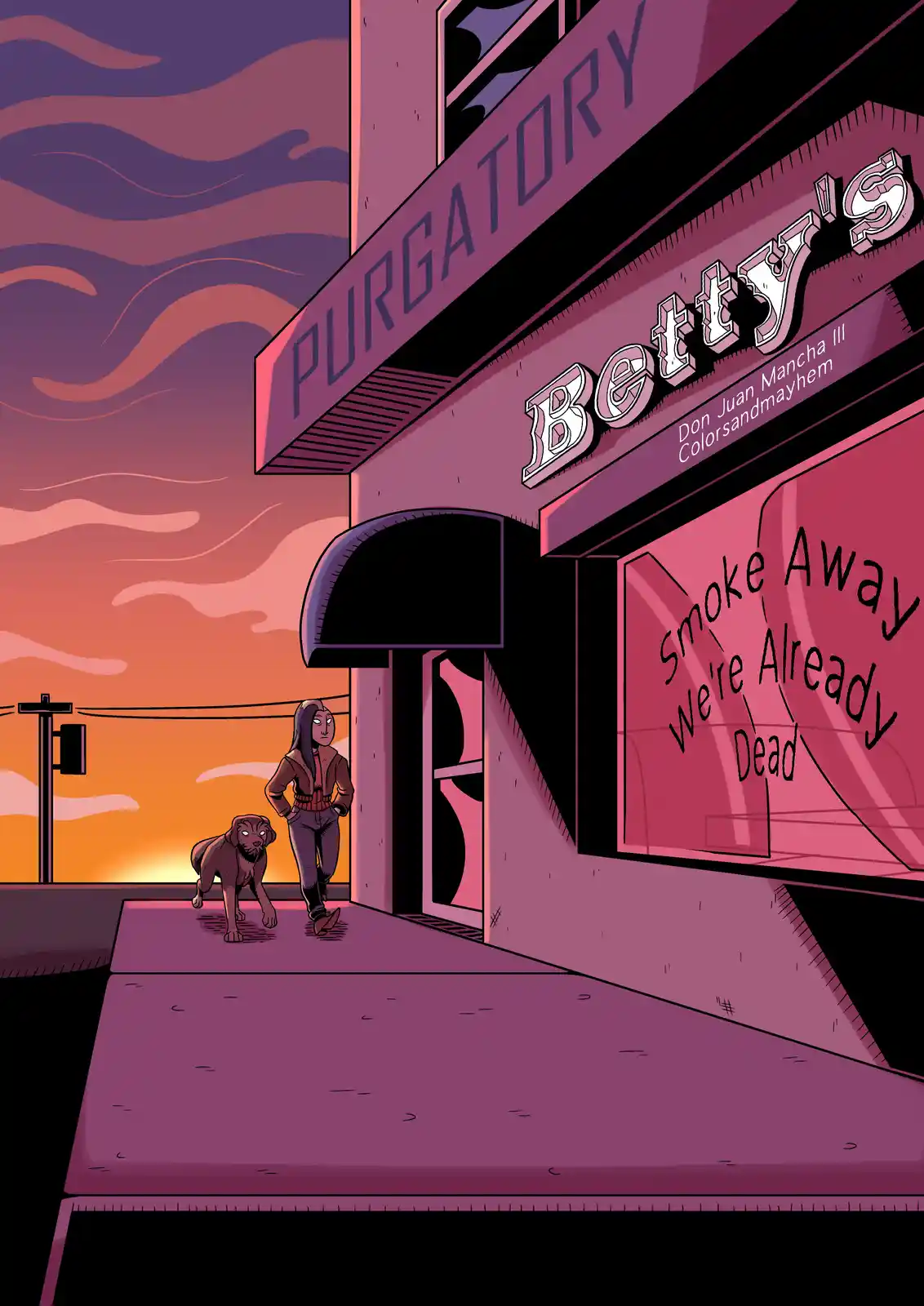 A cartoon illustration shows a person and a dog walking toward the entrance of a building named 'Purgatory Betty's' under a…