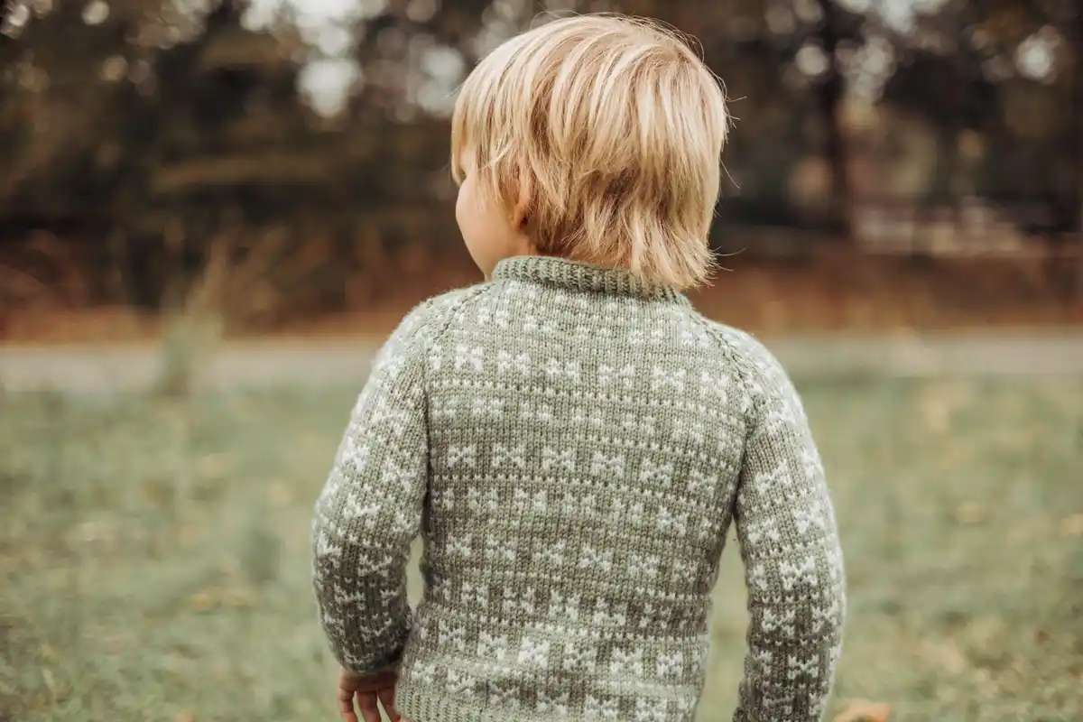A young child with blonde hair, seen from behind, wears a green and white patterned knit sweater while standing in a grassy…