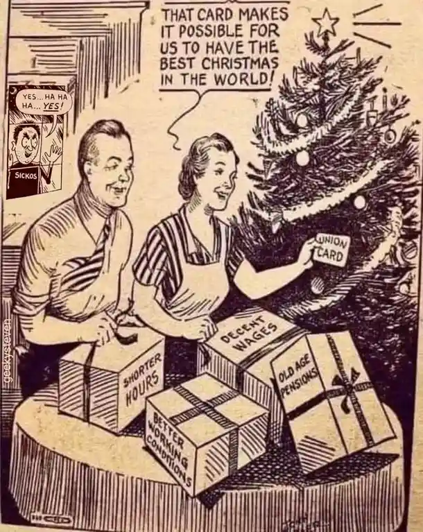 A vintage comic strip depicts a smiling couple in front of a decorated Christmas tree, with gift boxes labeled 'SHORTER…