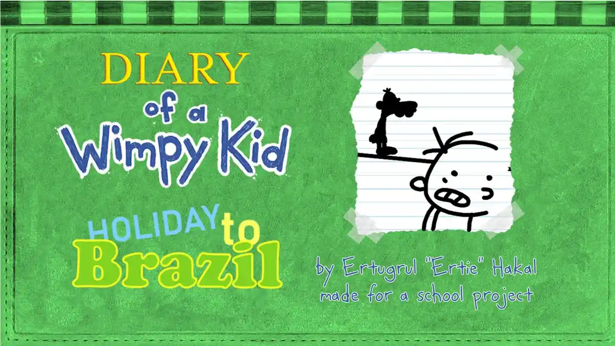 The image displays the cover of 'Diary of a Wimpy Kid: Holiday to Brazil' with a green textured background and a checkered…