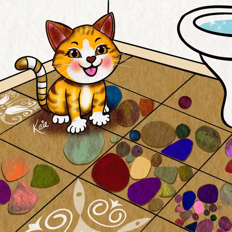 A cartoon illustration of a smiling orange tabby cat sitting on a tiled floor decorated with colorful, scattered pebbles. To…