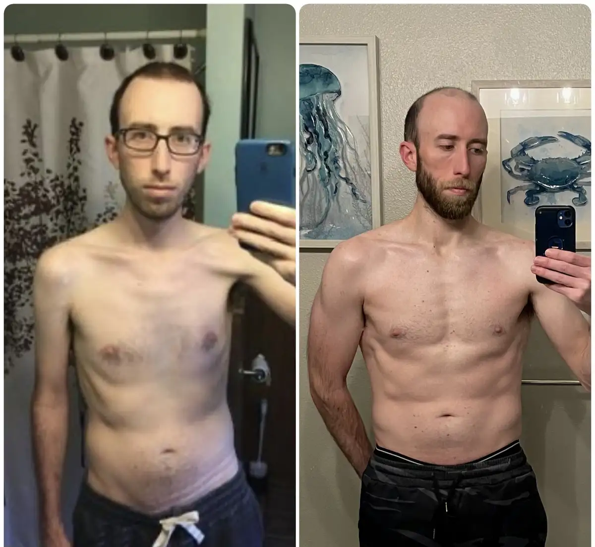 A side-by-side comparison of a shirtless man taking mirror selfies, showing a dramatic transformation from a lean but less…
