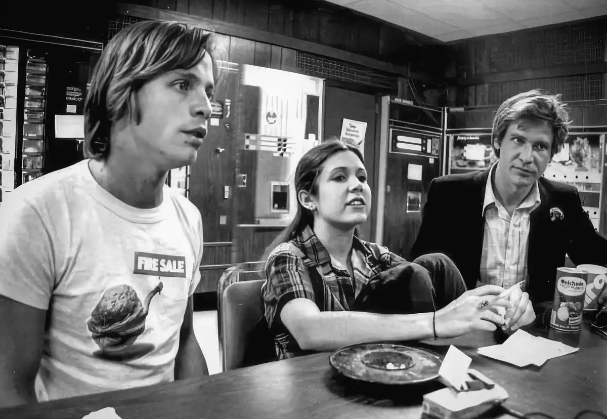 A black-and-white photo shows three people sitting at a table in what looks like a diner or cafe. The person on the left, a…