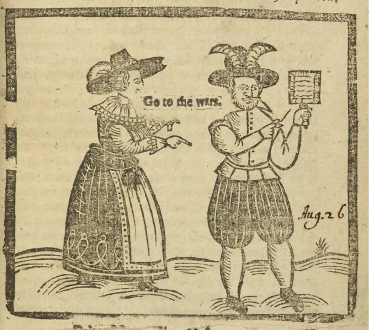 An old woodcut depicts a woman in a wide-brimmed hat pointing at a man in a horned hat holding a sword and shield. The text…