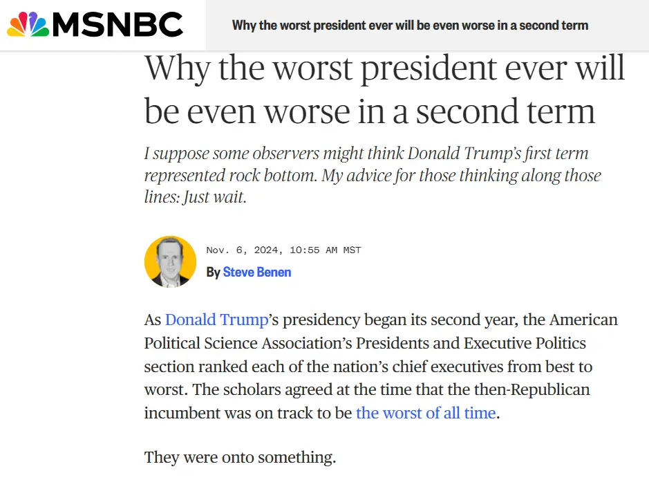 A screenshot of an MSNBC article titled 'Why the worst president ever will be even worse in a second term' by Steve Benen…