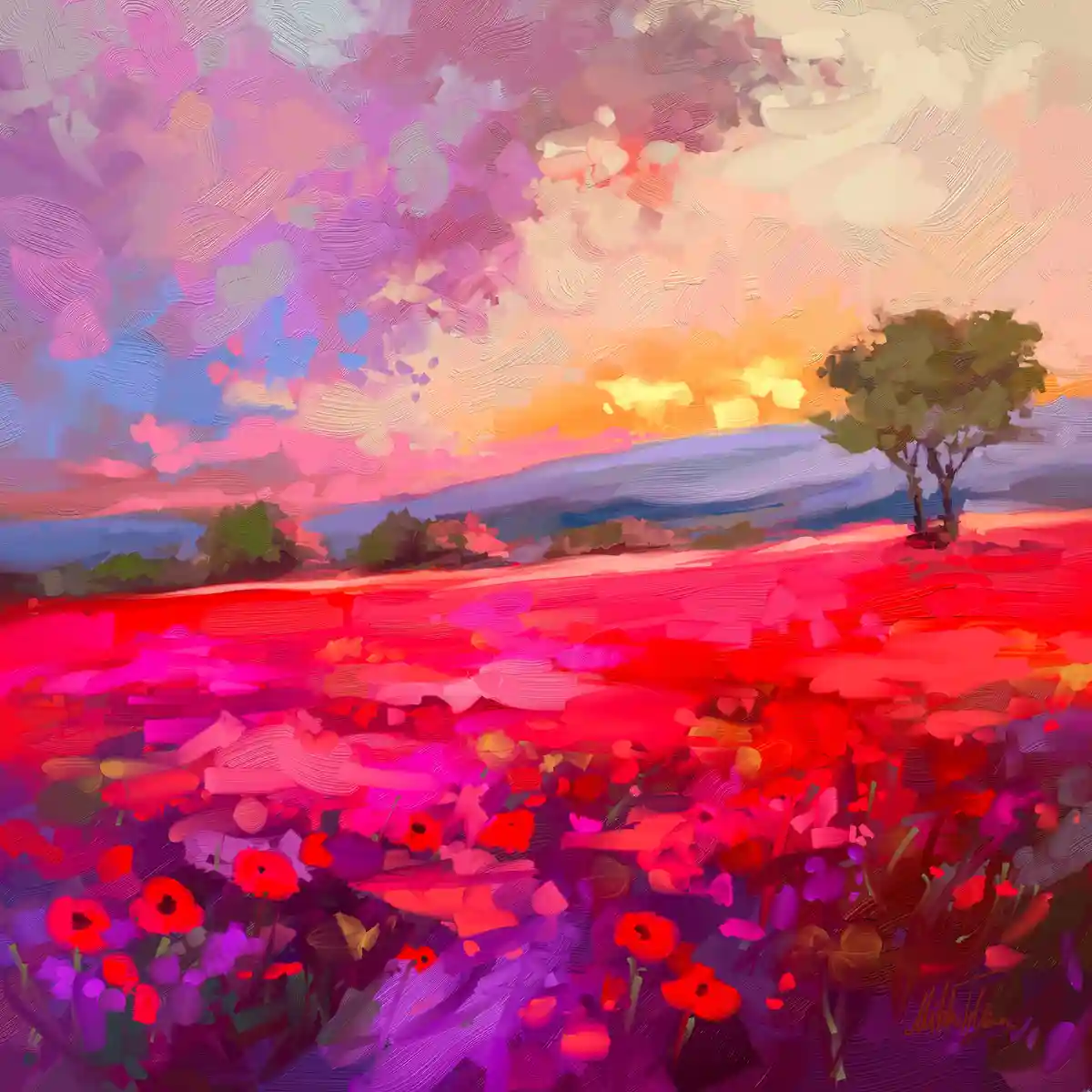 A vibrant, painterly landscape depicts a field of red and pink poppies under a dramatic sky with orange and purple clouds…