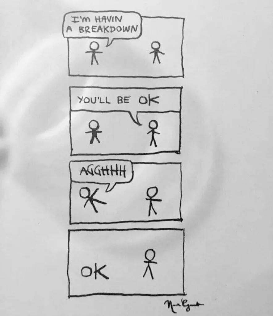 A four-panel comic strip drawn in simple stick figures. In the first panel, one stick figure says 'I'M HAVIN A BREAKDOWN' to…