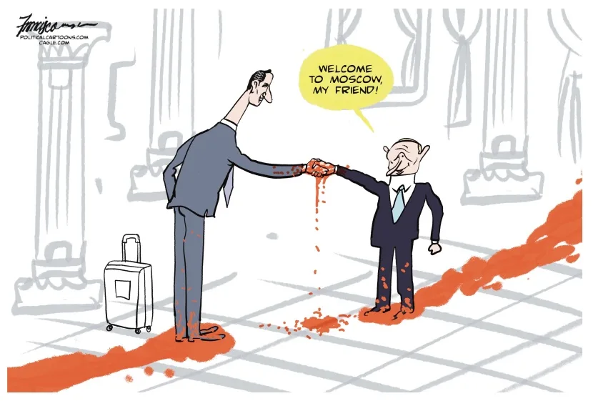 A cartoon depicts two men shaking hands in a grand hall with columns; red liquid drips from their handshake and pools on the…