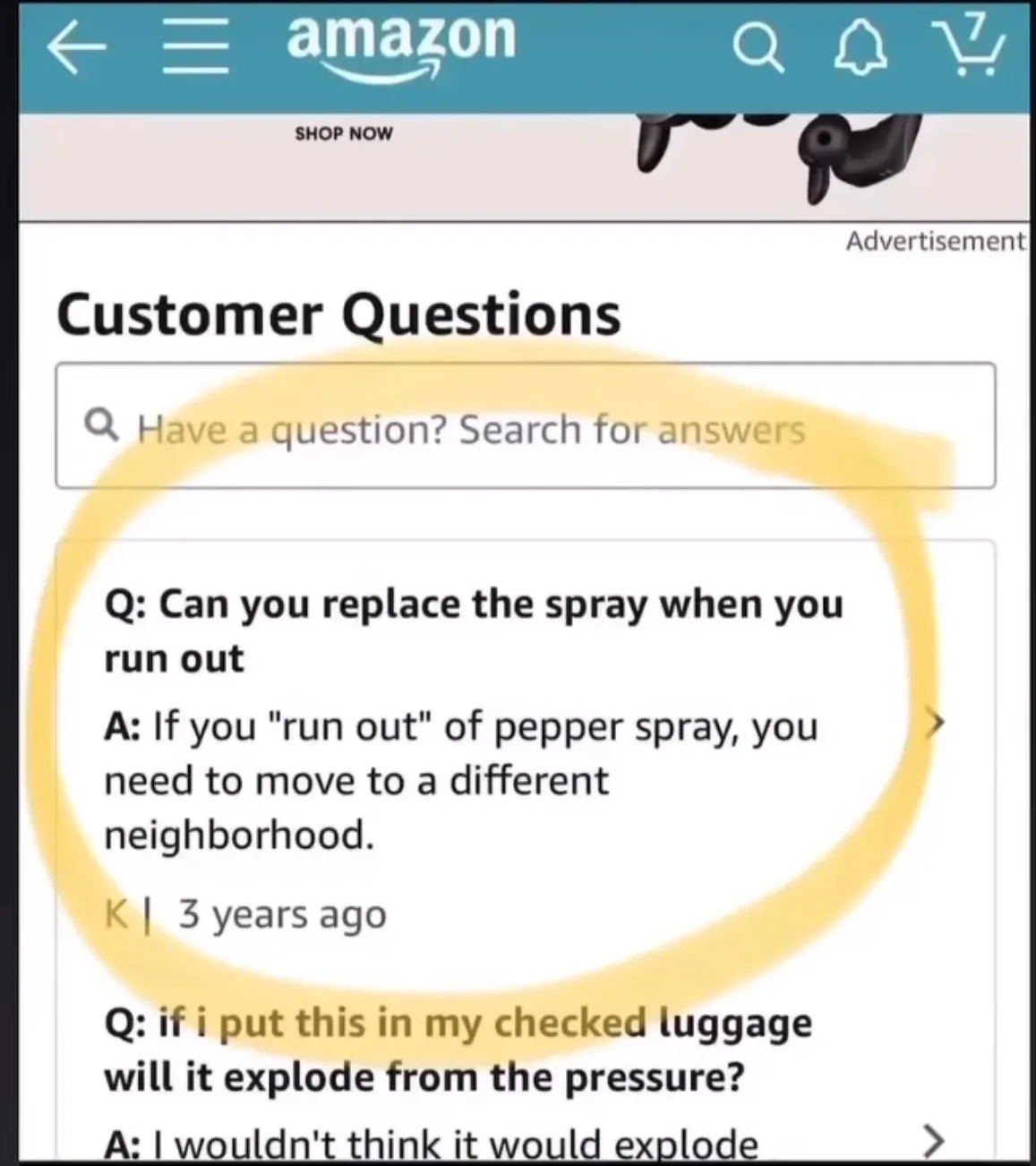 An Amazon product page screenshot highlighting a customer question about pepper spray replacement. The answer, circled in…