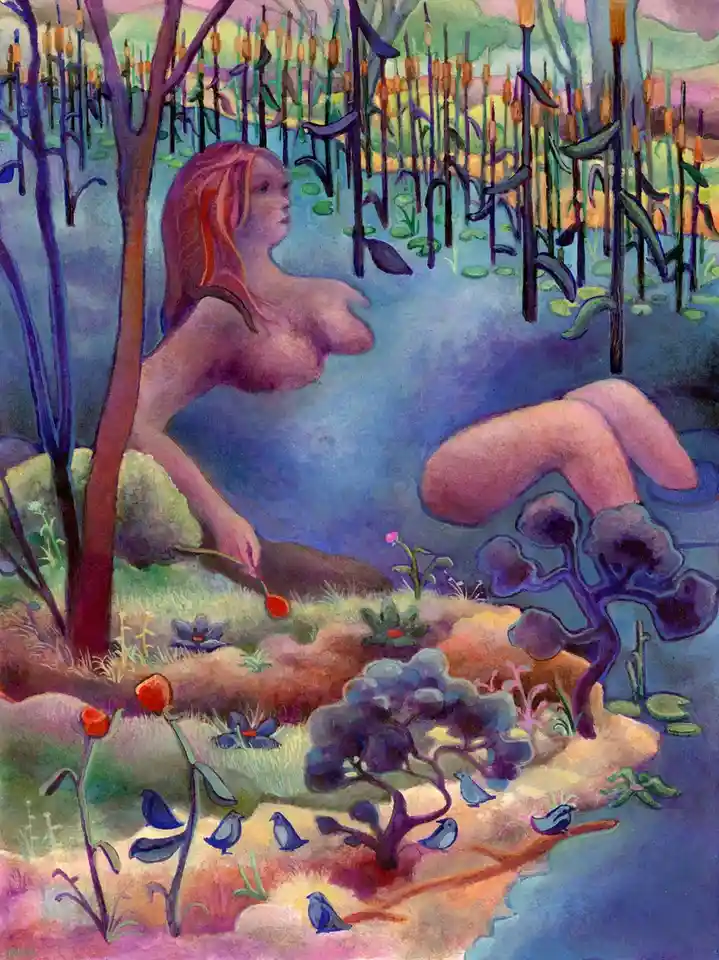 A surreal painting depicts a woman with long hair partially submerged in water, surrounded by stylized purple trees and lily…