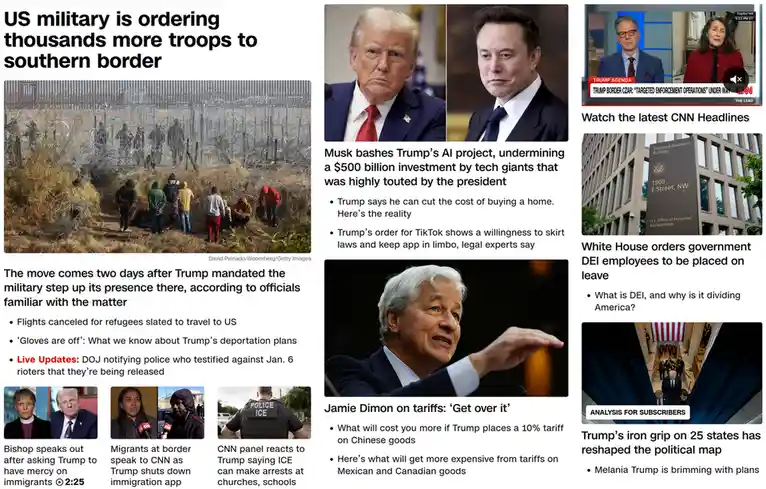A collage of six news headlines and images from CNN, featuring topics like US military troops at the southern border, Elon…