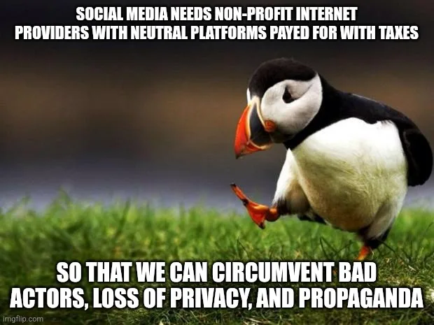A penguin stands on grass, looking down with one foot lifted, as if contemplating. The text above reads 'SOCIAL MEDIA NEEDS…
