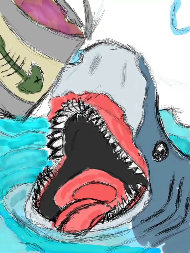 A cartoonish, sketch-style drawing shows a large, grey shark with a wide-open mouth full of sharp teeth, swimming in blue…