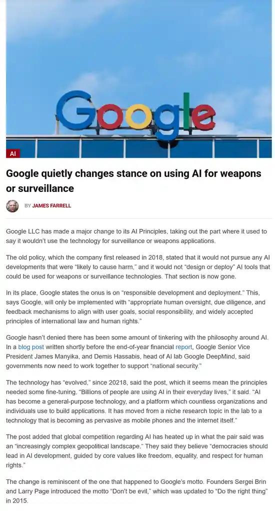 An image of the Google logo on a building with a news article overlay stating Google quietly changed its stance on using AI…