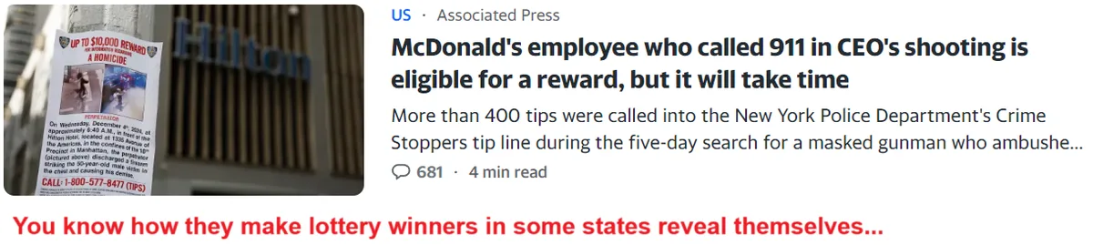 A news article headline about a McDonald's employee who called 911 during a CEO shooting is eligible for a reward, but it…