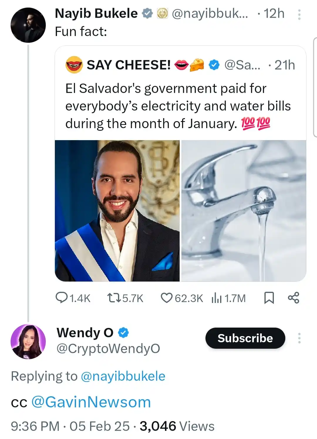 A screenshot of a Twitter thread where Nayib Bukele shares a 'fun fact' about El Salvador's government paying for everyone's…