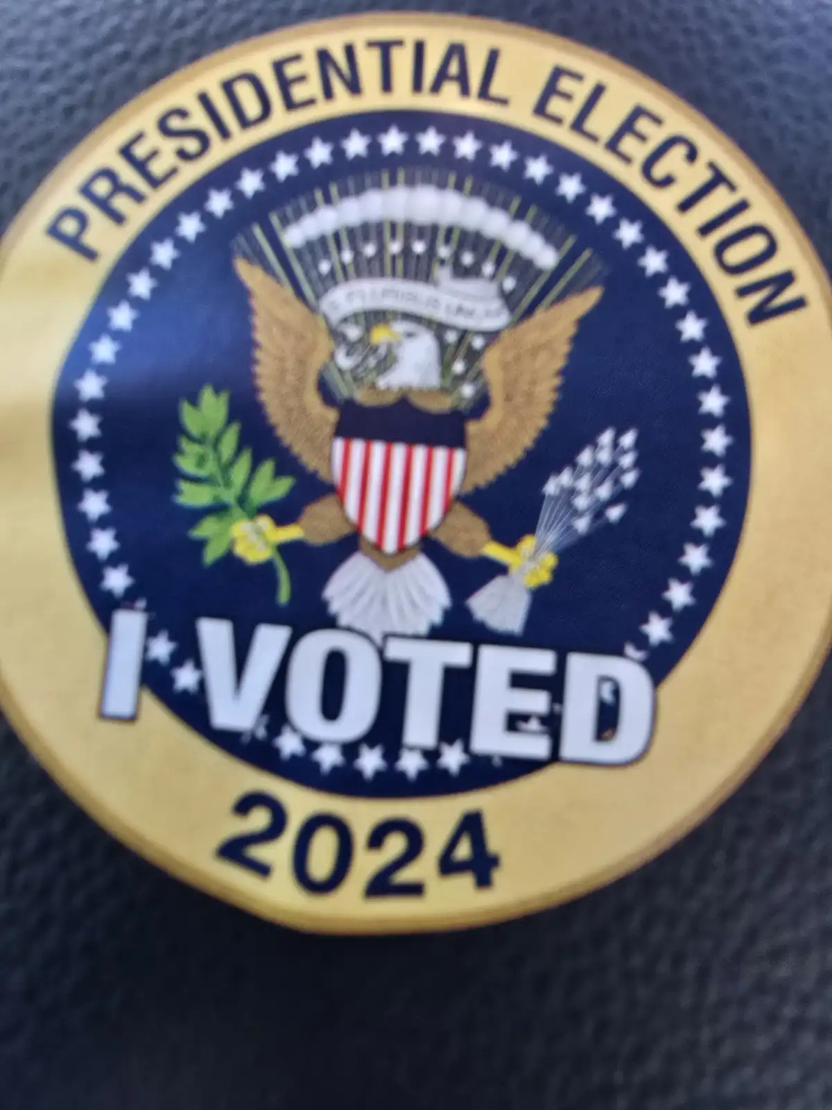 A close-up of a circular 'I VOTED 2024' sticker featuring the Presidential Election seal with a bald eagle, stars, and the…