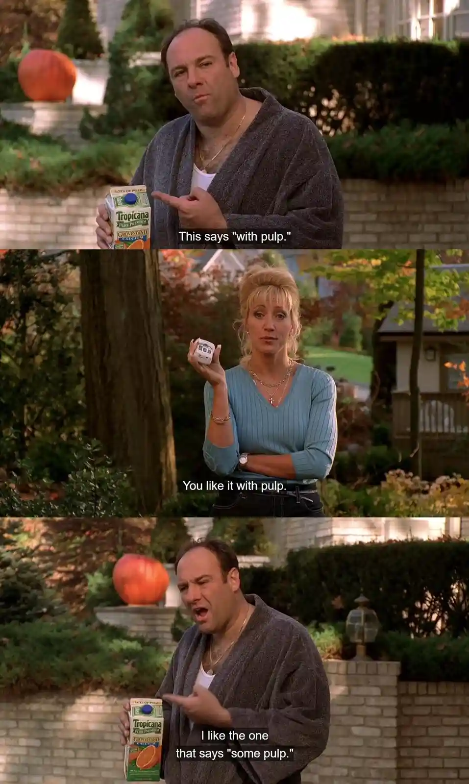 A three-panel meme from 'The Sopranos' shows Tony Soprano holding a Tropicana orange juice carton and pointing at it, then…