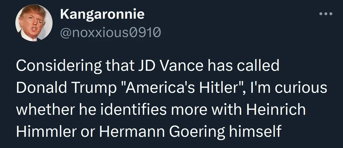 A screenshot of a tweet from user Kangaronnie (@noxxious0910) whose profile picture is a photo of Donald Trump. The tweet…