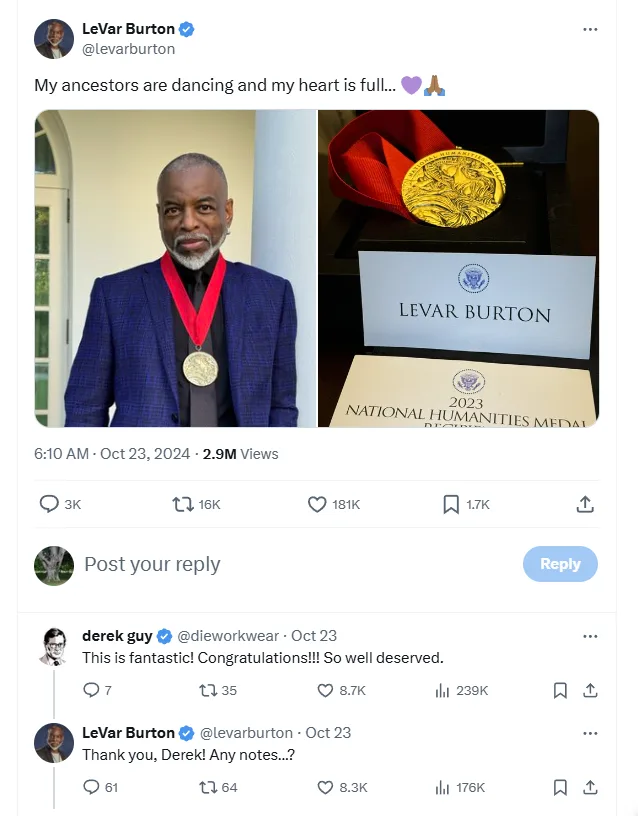A tweet from actor LeVar Burton shows him wearing a gold medal with a red ribbon, alongside a photo of the medal and its…