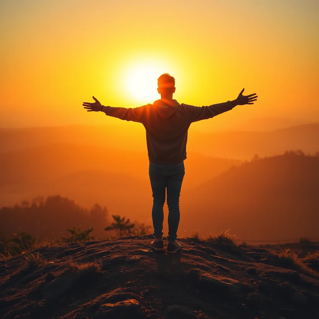 A person stands on a hilltop with arms wide open, facing a bright, glowing sunset over rolling hills. The image has a warm…