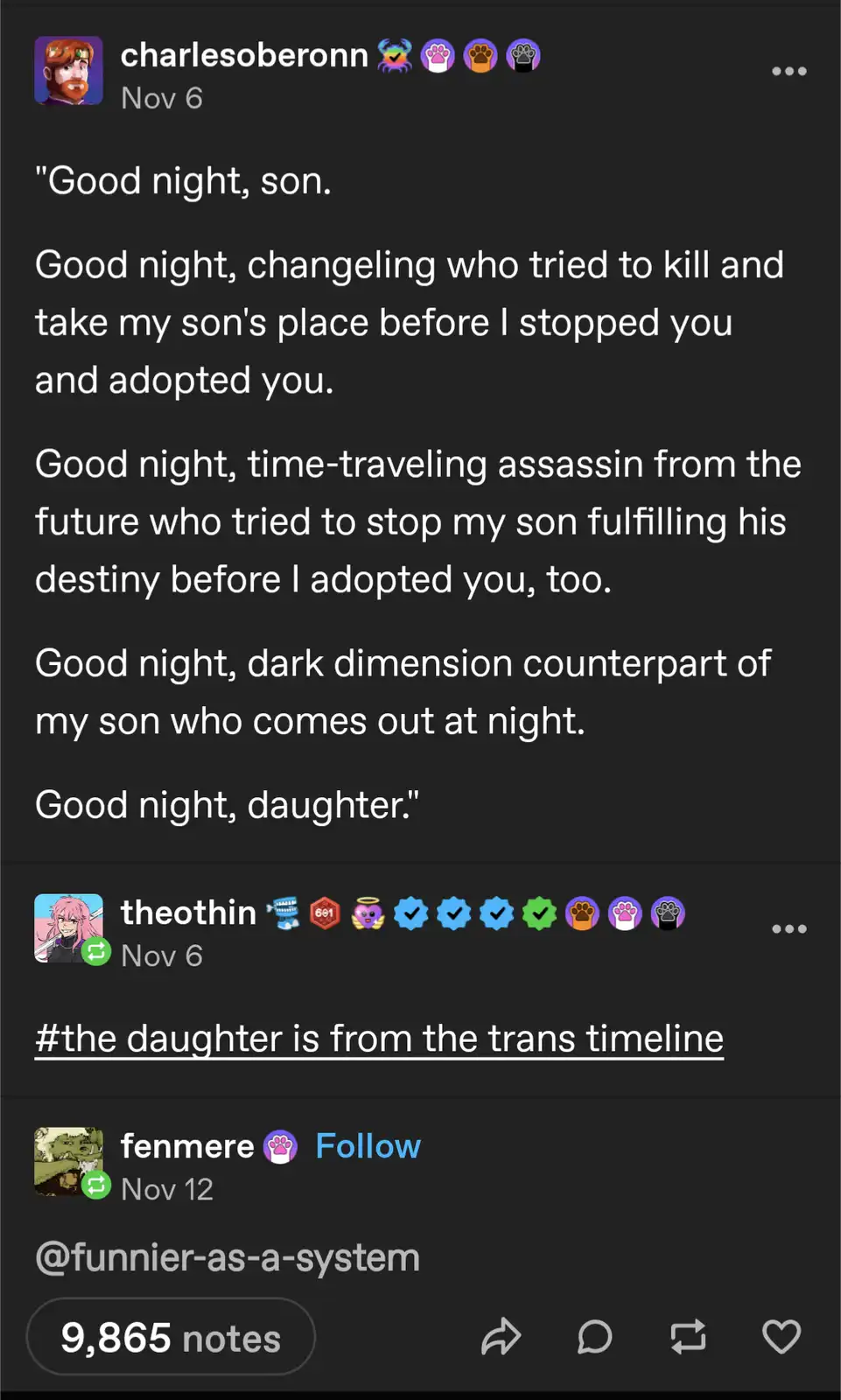 A screenshot of a social media post showing a user named 'charlesoberonn' listing increasingly absurd 'good night' messages…