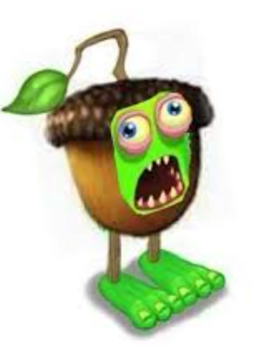 A cartoonish green monster with large blue eyes and sharp teeth is depicted as an acorn with a leaf and stem, standing on…
