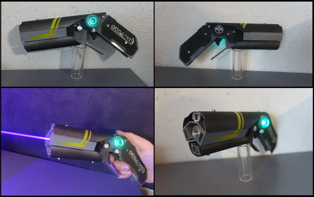 This image collage displays a custom-built replica of the 'droid gun' from 'Star Wars: The Old Republic' from four different…