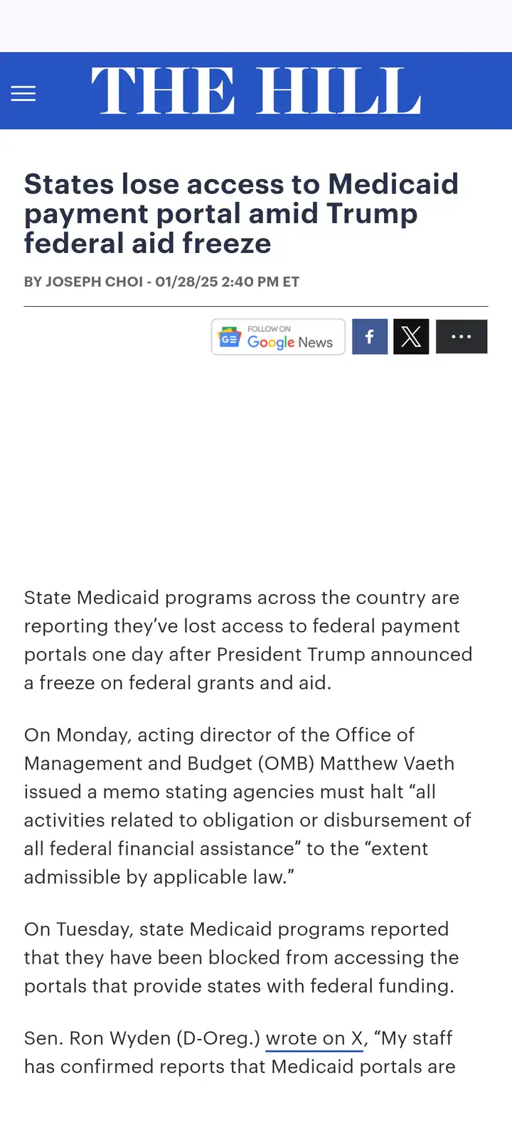 A screenshot of a The Hill news article about states losing access to Medicaid payment portals after a Trump federal aid…