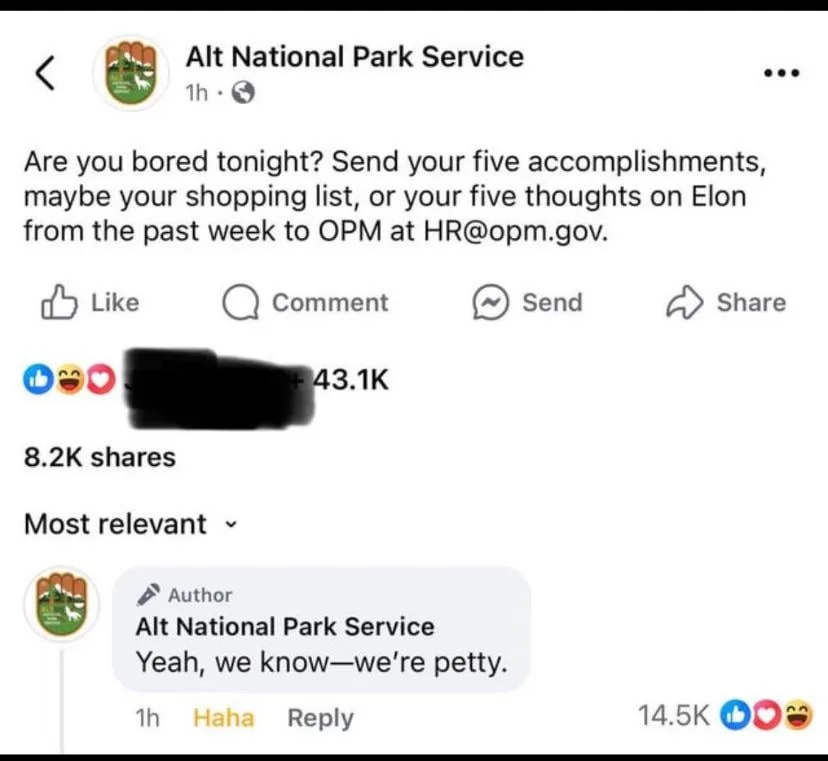 A screenshot of a fake Facebook post from 'Alt National Park Service' asking users to send five accomplishments, a shopping…