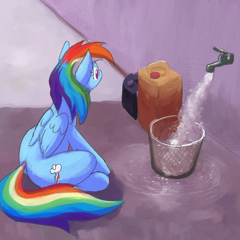 a blue pony with a rainbow mane and tail sits on the floor, looking at a faucet pouring water into a bucket. The pony has a…
