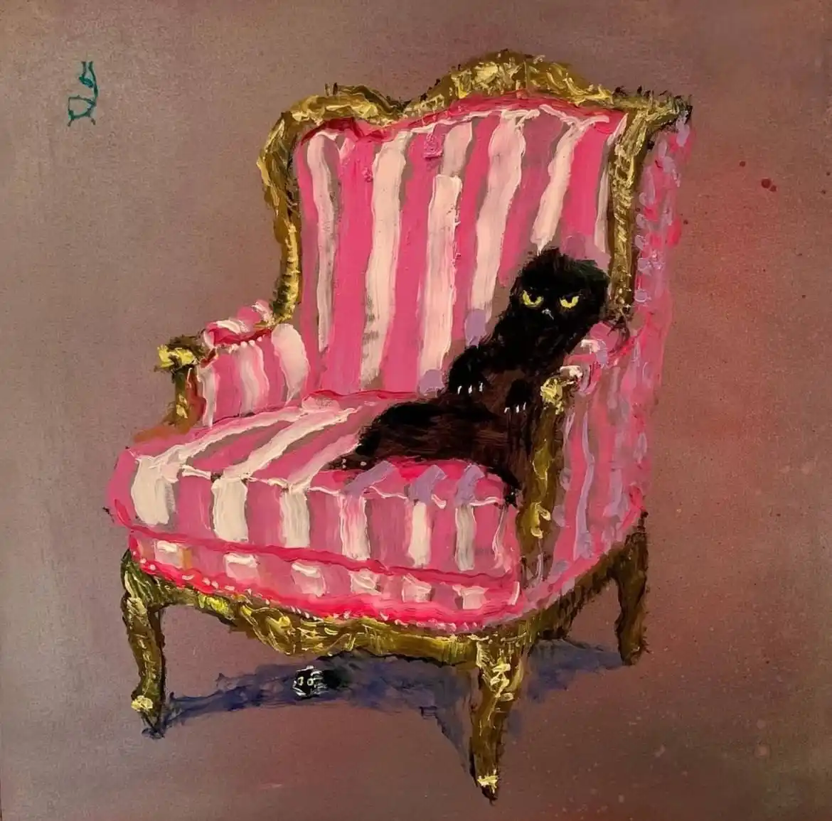 A painting of a black cat with glowing yellow eyes lounging on a pink and white striped armchair with ornate gold trim. The…