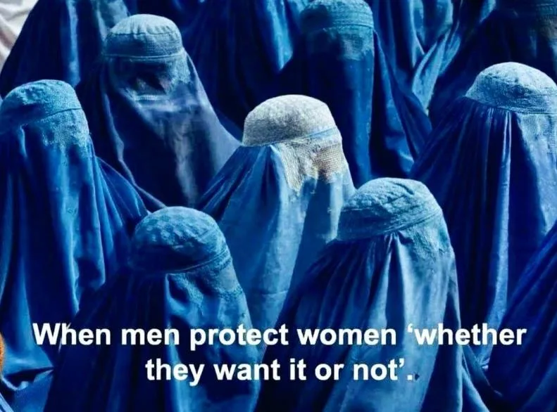 A group of women wearing blue burqas, their faces obscured, are shown in a crowded scene. White text overlaid at the bottom…