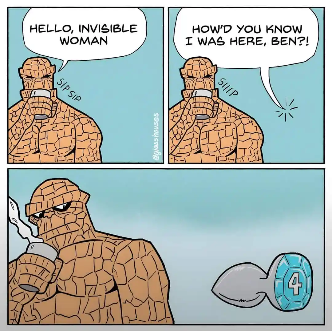 A three-panel comic strip featuring the Thing from the Fantastic Four. In the first panel, he sips from a mug and says…