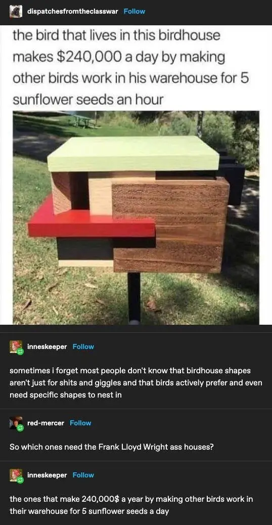 A modern, geometric birdhouse made of wood with red, black, and light-colored panels stands on a grassy lawn. Overlaid text…