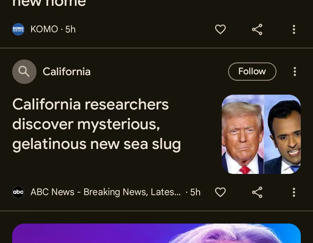 A screenshot of a news feed shows a headline about California researchers discovering a new sea slug, with a profile picture…