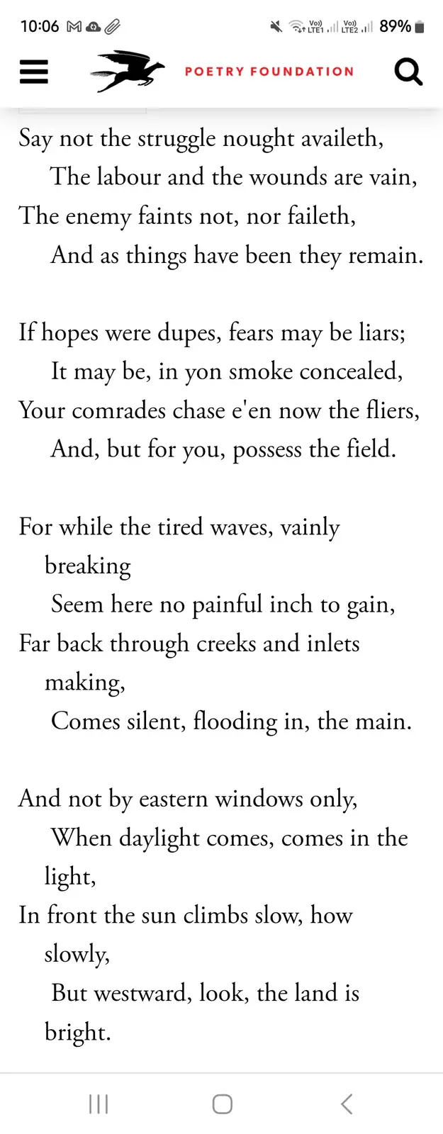A screenshot of a mobile phone displaying a poem from the Poetry Foundation website. The poem, with its archaic language and…