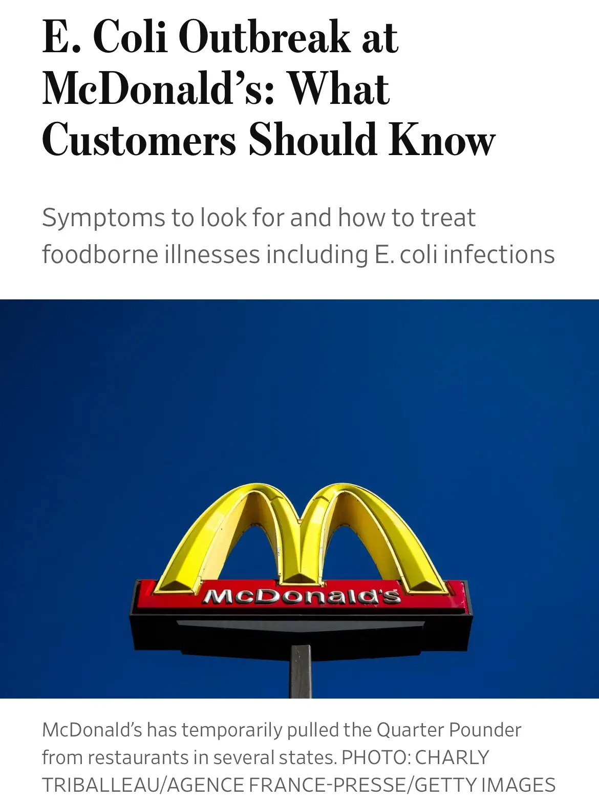 The image displays a McDonald's sign against a blue sky, overlaid with text mimicking a news article headline about an E…