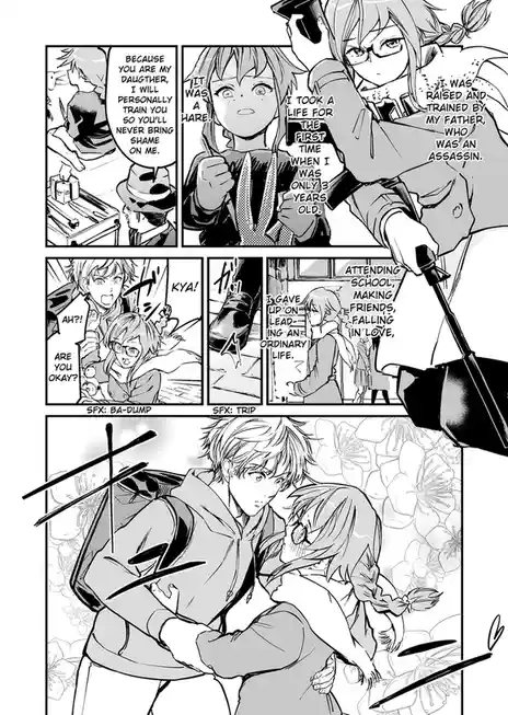 A black-and-white manga panel shows a girl being told she was raised by an assassin father. She then recounts taking a life…